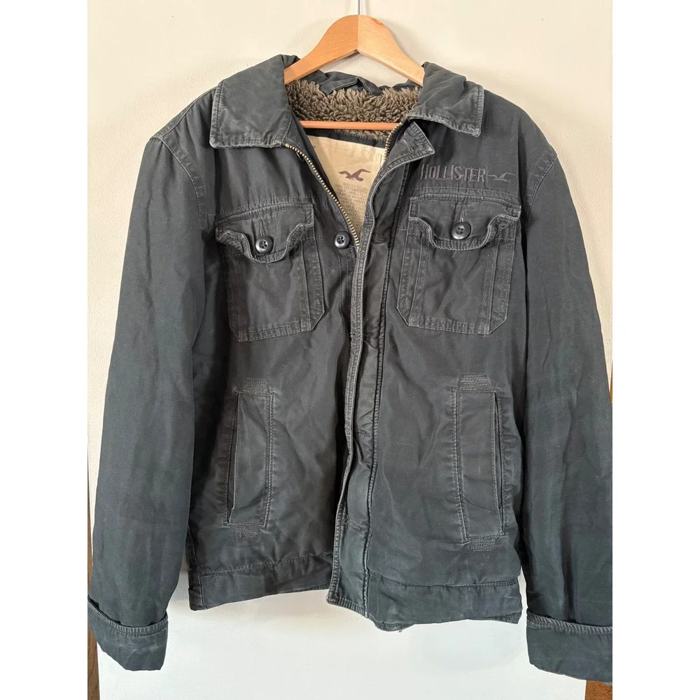 VTG Hollister Mens Medium Y2K Sherpa Lined Canvas Jacket Charcoal Grunge Trucker